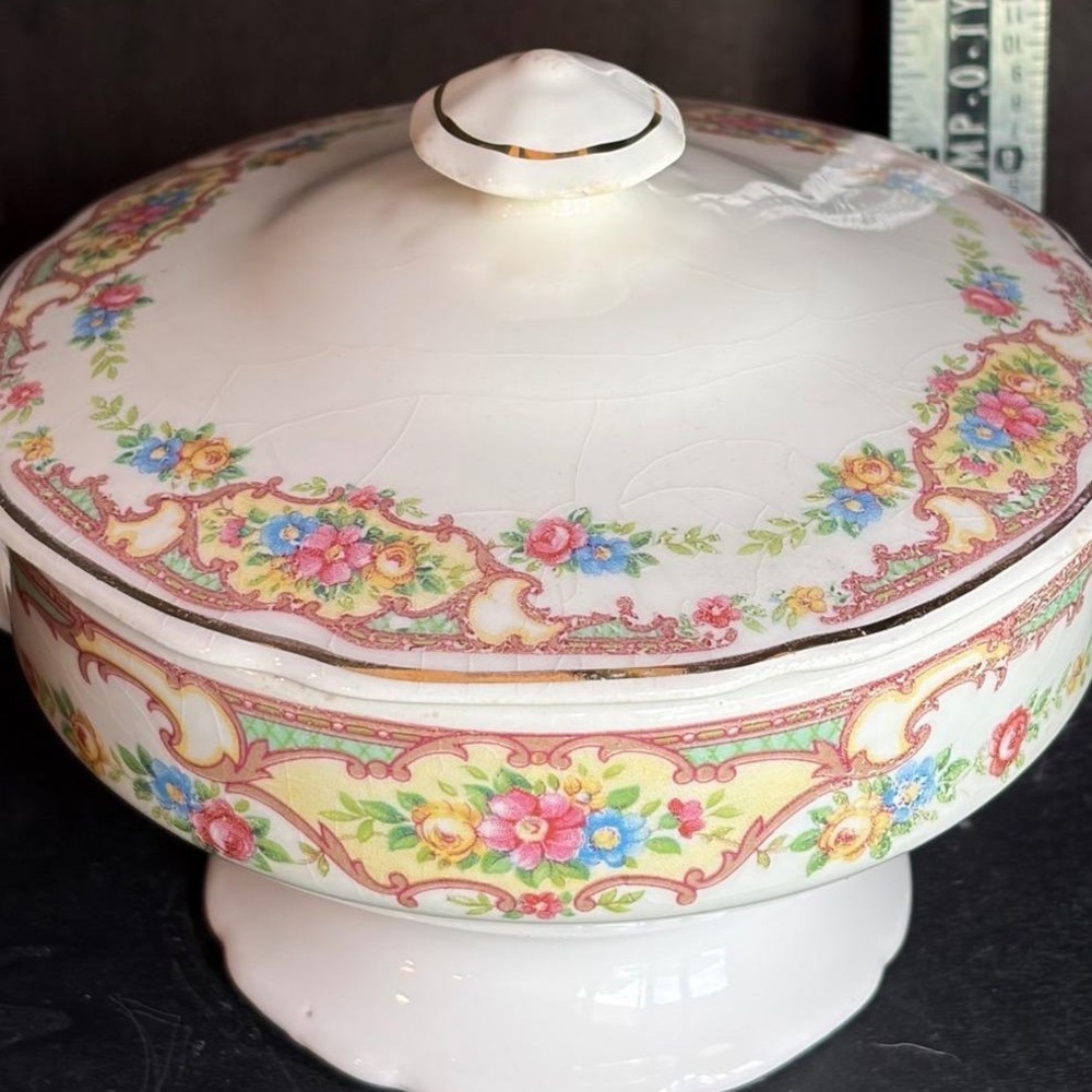 Antique Floral Porcelain Lidded Sugar Bowl Gold Gilt Trim Footed Tea Server